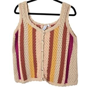 Grace + Karma Crochet Tank Women's XL Tan Pink Stripe Button Front Boho Beachy